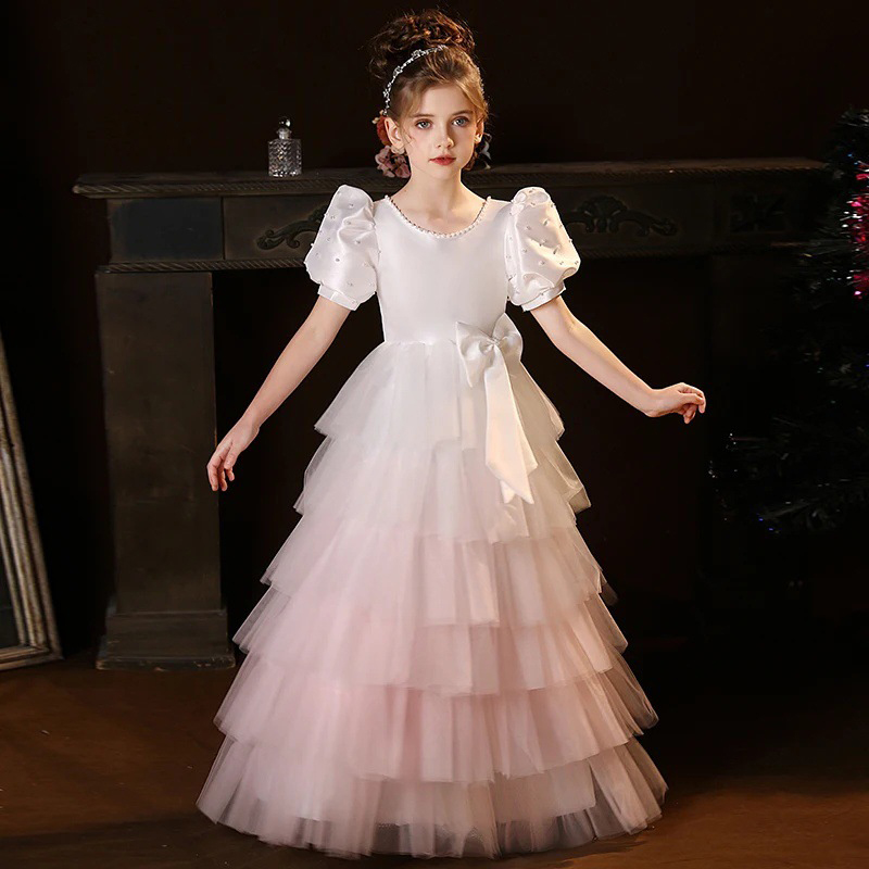 Mesh Bow Folds Short Sleeves Maxi Dresses - Gradient - 11-13Y - image 1