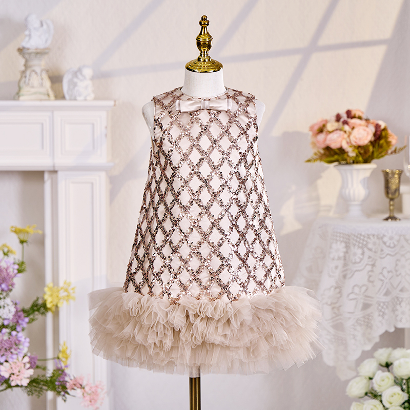 Sequins Bow Folds Sleeveless Midi Dresses - Champagne - 7-8Y - image 1
