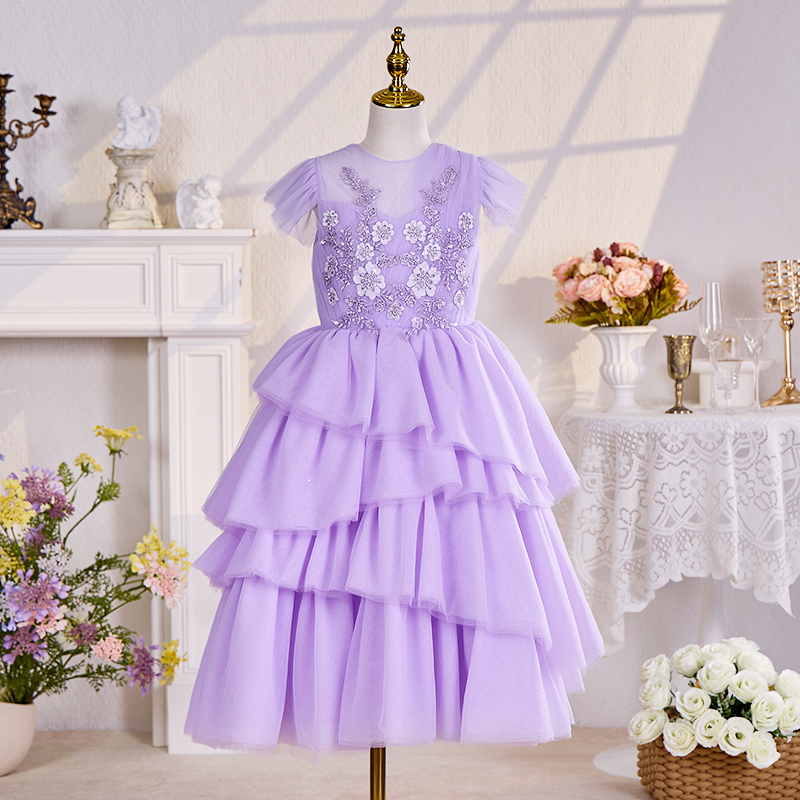 Mesh Folds Rosette Sleeveless Maxi Dresses - Purple - 14-15Y - image 1