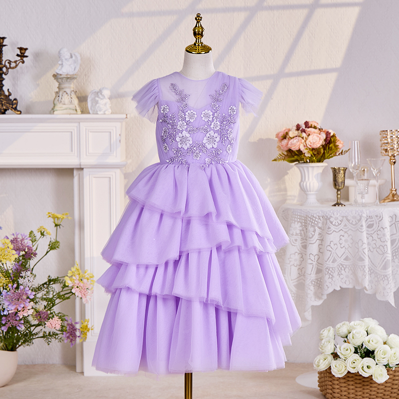 Mesh Folds Rosette Sleeveless Maxi Dresses - Purple - 14-15Y - image 1