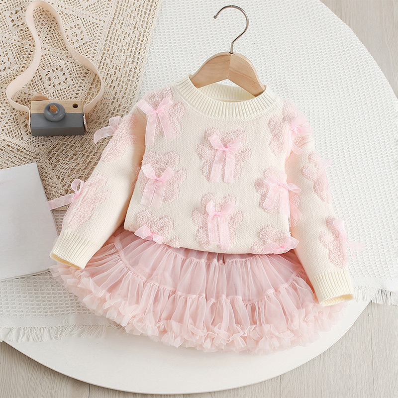 Acrylic Little Bear Bow Long Sleeves Midi Two-piece Set - image 2