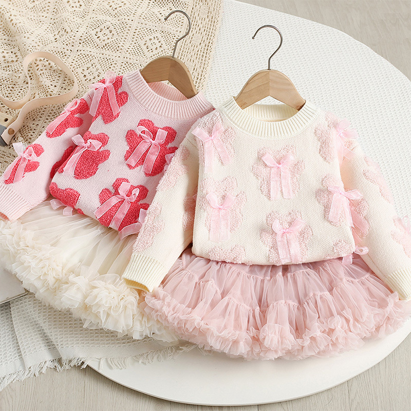 Acrylic Little Bear Bow Long Sleeves Midi Two-piece Set - image 1