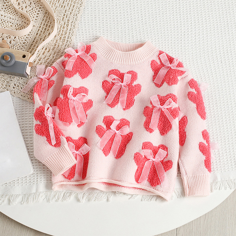 Acrylic Little Bear Bow Long Sleeves Midi Two-piece Set - Magenta Top - 7-8Y - image 22
