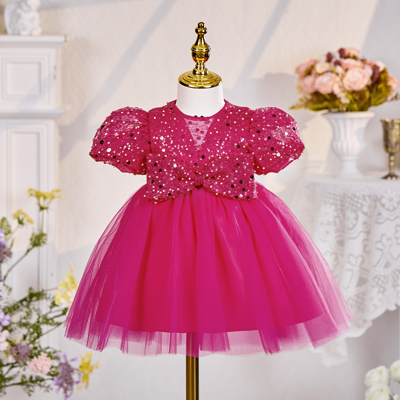 Mesh Bow Short Sleeves Midi Dresses - Magenta - 9-11Y - image 1