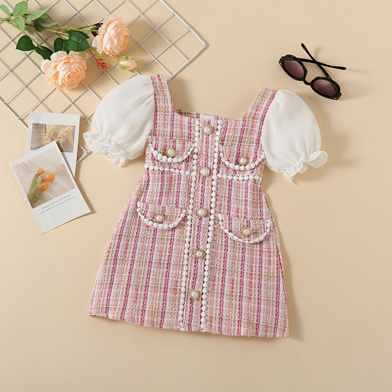 Tweed Split Joint Short Sleeves Midi Dresses - Pink - 6-7Y - image 3