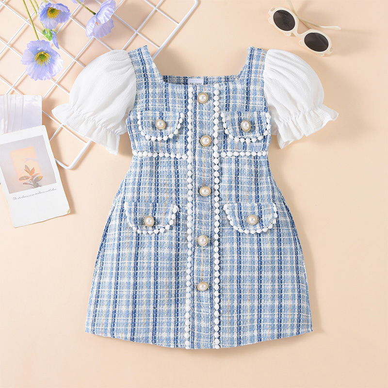 Tweed Split Joint Short Sleeves Midi Dresses - Blue - 6-7Y - image 13