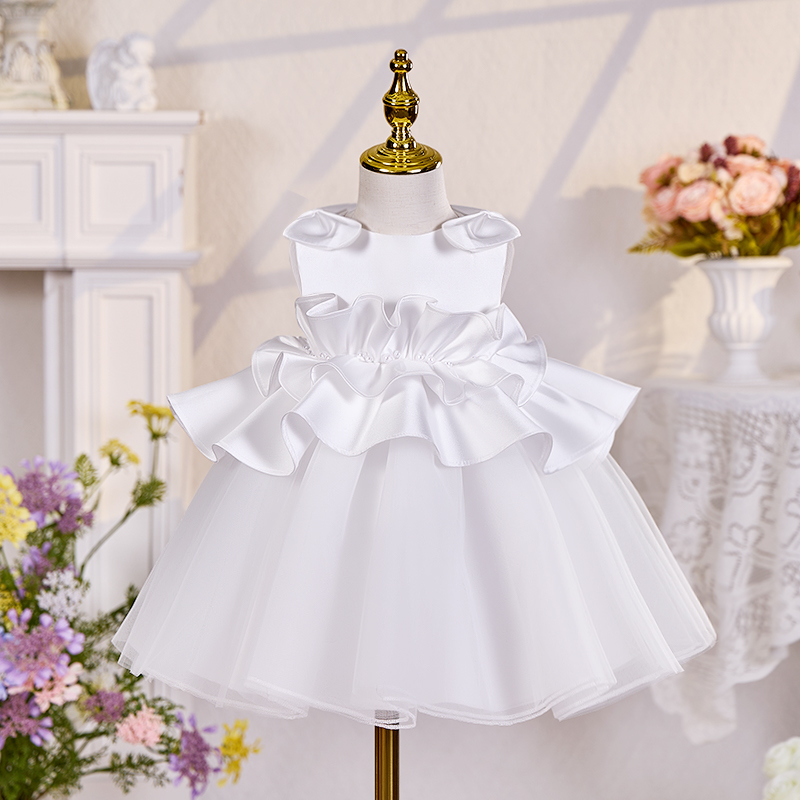 Satin Bow Folds Imitation Pearls Sleeveless Mid-long Dresses - White - 5-6Y - image 1