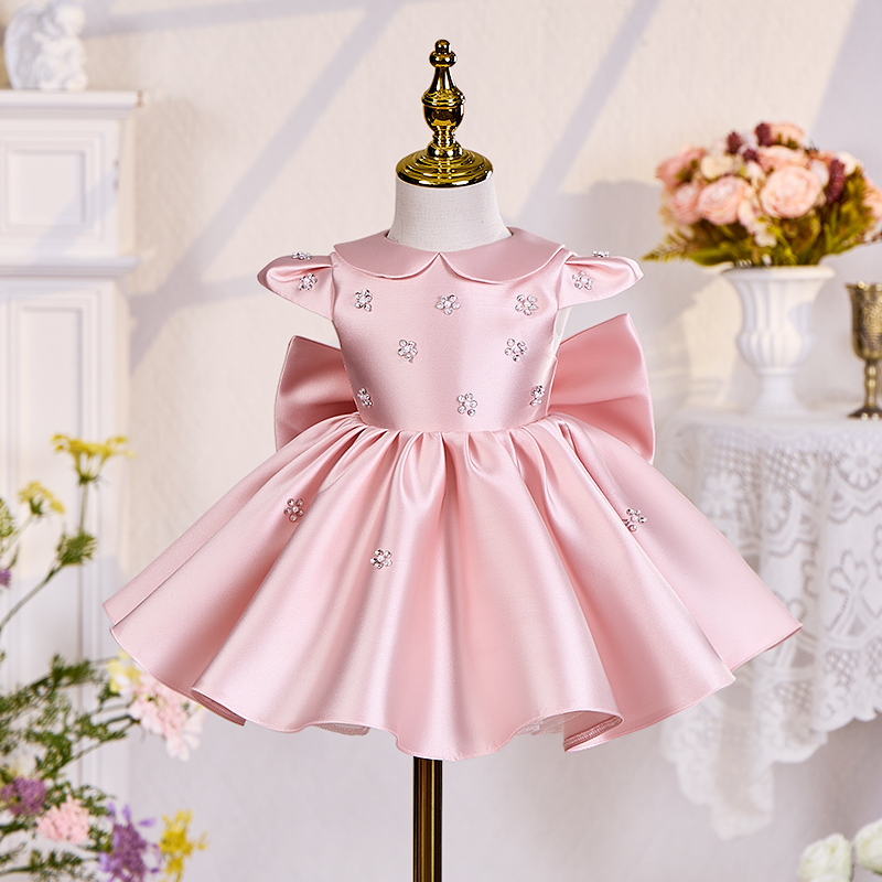 Satin Sequins Short Sleeve Mid-long Dresses - Pink - 5-6Y - image 1