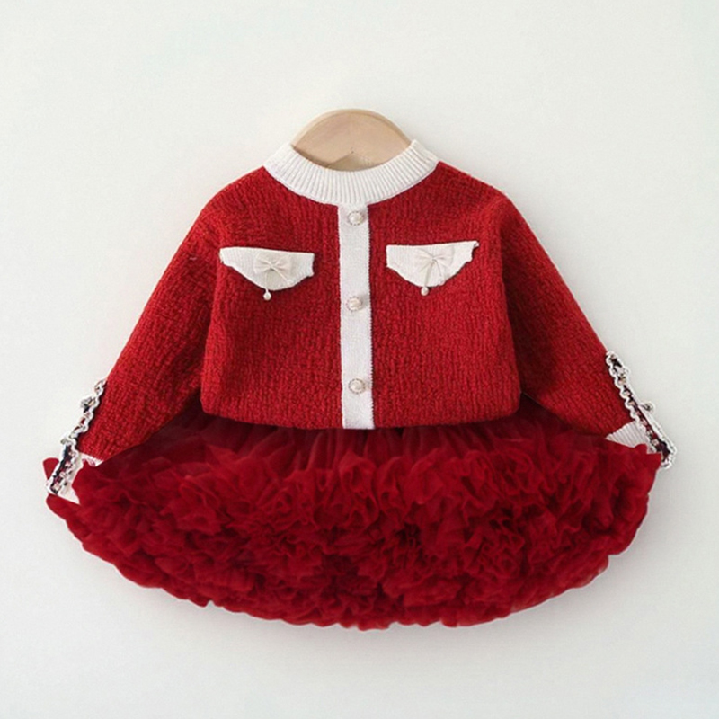 Acrylic Mesh Folds Binding Long Sleeve Regular Two-piece Set - Red Set - 130cm - image 2