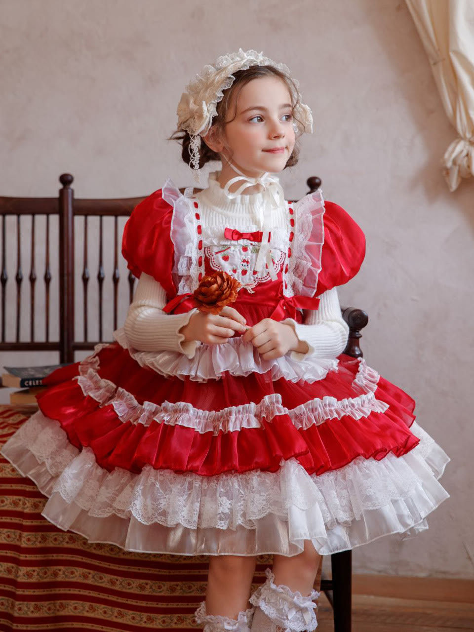 [Archive Sale] Yarn/wool Yarn Folds Flouncing Lace Long Sleeve Mid-long Dresses - Red - 110cm - image 1