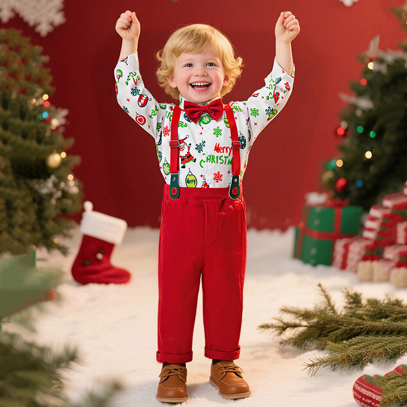 [Archive Sale] Chemical Fiber Blend Christmas Printing Long Sleeve Regular Dresses Two-piece Set - Red - 3-4Y【110cm】 - image 1