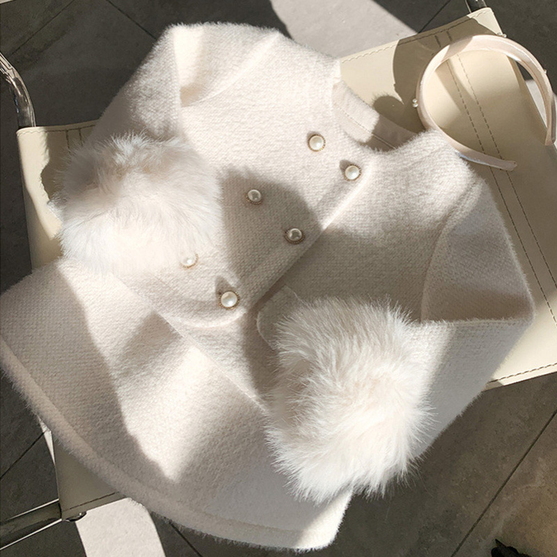 Angora-blend Imitation Pearls Fleece Long Sleeve Regular Two-piece Set - White - 160cm - image 6