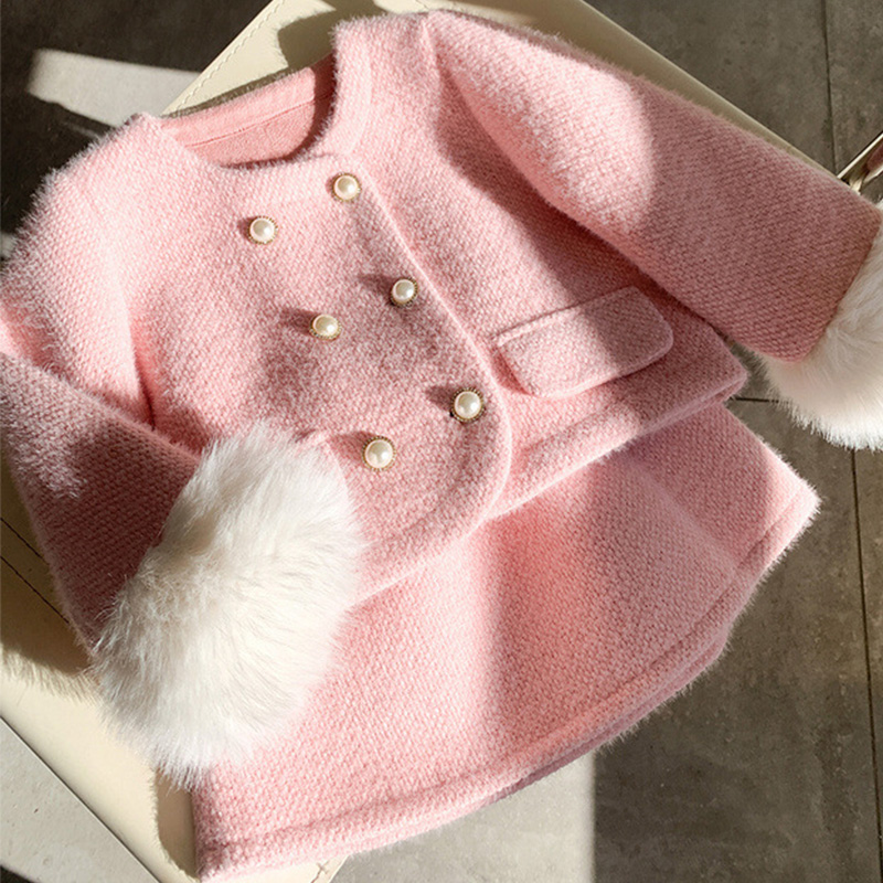 Angora-blend Imitation Pearls Fleece Long Sleeve Regular Two-piece Set - Pink - 160cm - image 1