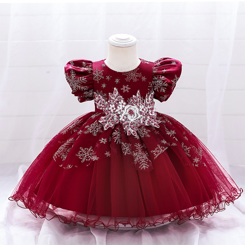 Mesh Christmas Folds Rosette Short Sleeve Mid-long Dresses - Red - 6Y - image 9