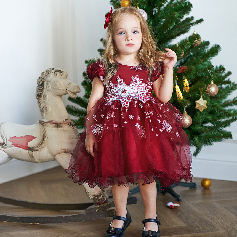 Mesh Christmas Folds Rosette Short Sleeve Mid-long Dresses - image 11
