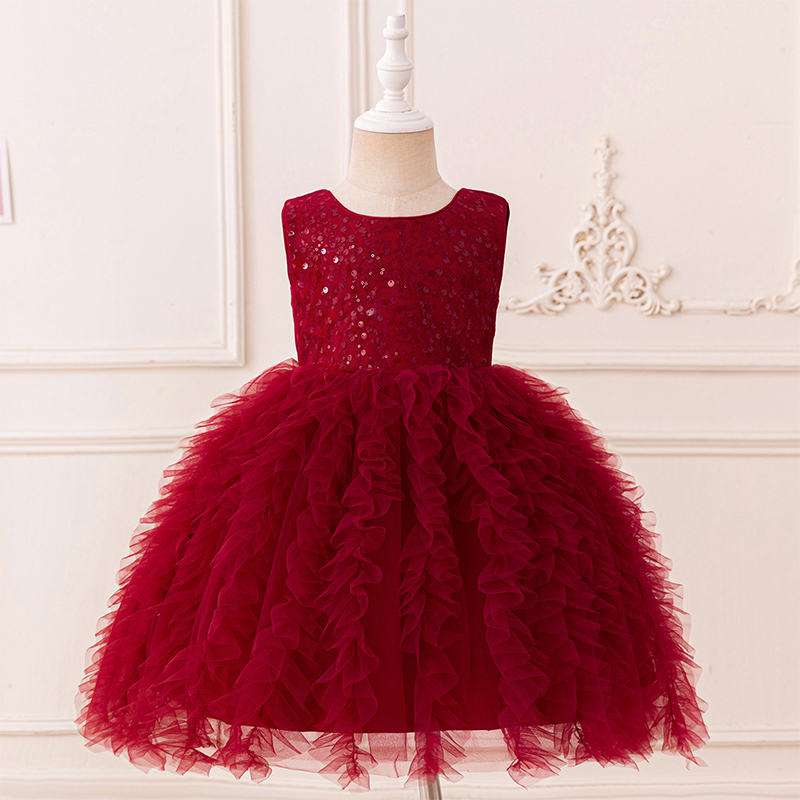 Mesh Folds Sequins Sleeveless Mid-long Dresses - Red - 8Y - image 9