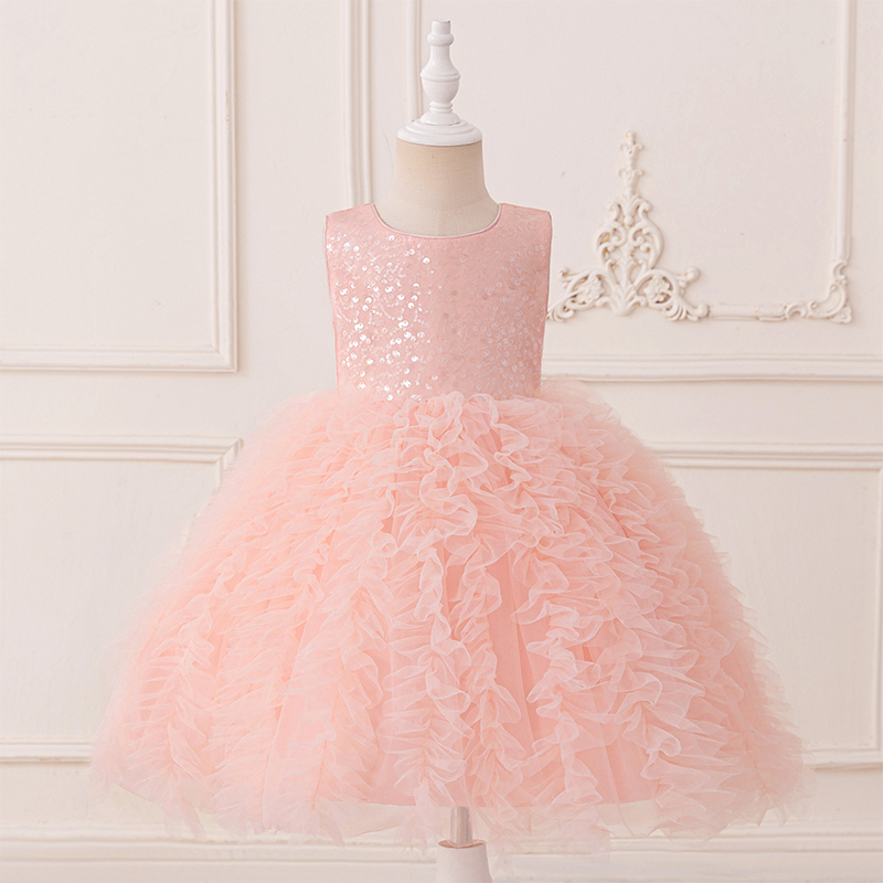 Mesh Folds Sequins Sleeveless Mid-long Dresses - Pink - 8Y - image 1