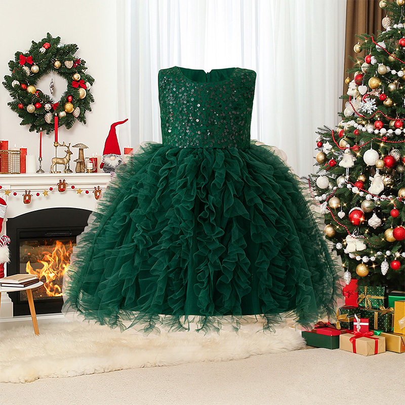 Mesh Folds Sequins Sleeveless Mid-long Dresses - Green - 8Y - image 20
