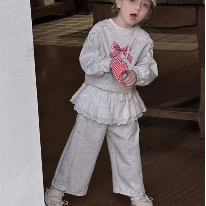 [Archive Sale] 100% Cotton Bow Lace Long Sleeve Regular Two-piece Set - White - 110cm - image 1