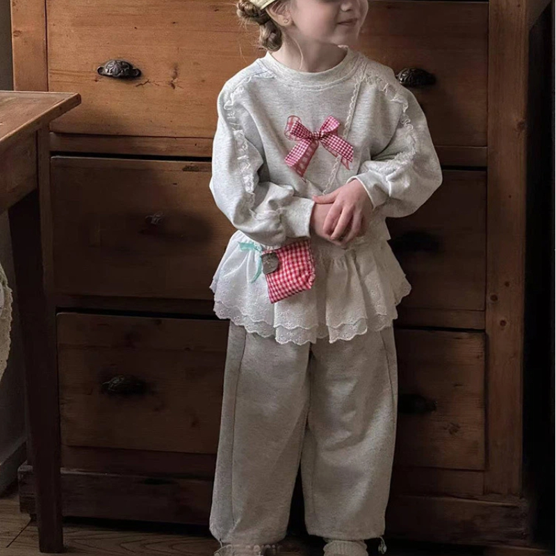 [Archive Sale] 100% Cotton Bow Lace Long Sleeve Regular Two-piece Set - image 2