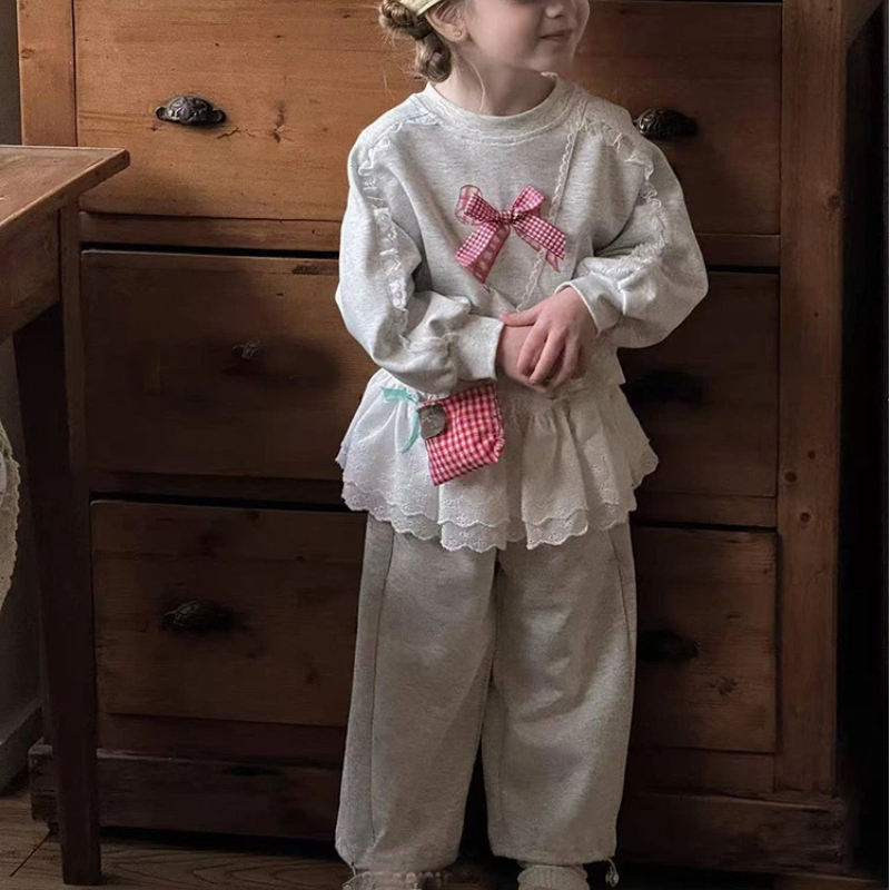 [Archive Sale] 100% Cotton Bow Lace Long Sleeve Regular Two-piece Set - image 2