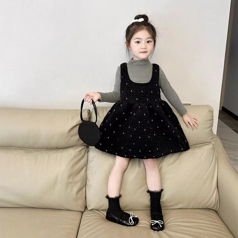 Velvet Fleece Sequins Long Sleeve Mid-long Two-piece Set - Black - 150cm - image 1