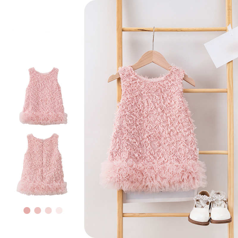 Faux Fur Split Joint Sleeveless Midi Dresses - Pink - 7-8Y - image 1