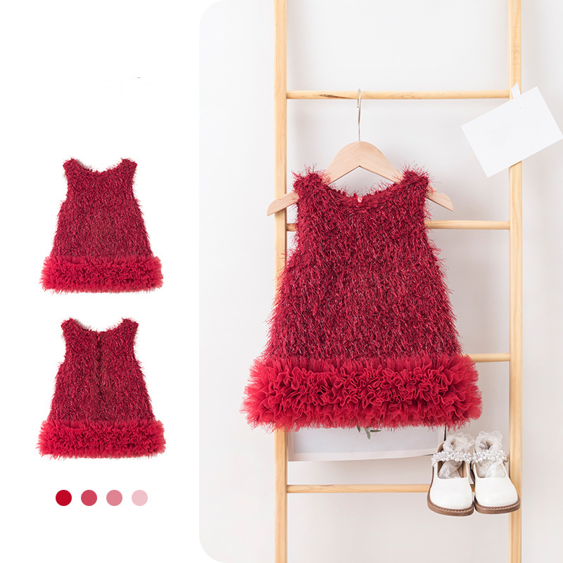 Faux Fur Split Joint Sleeveless Midi Dresses - Red - 7-8Y - image 8