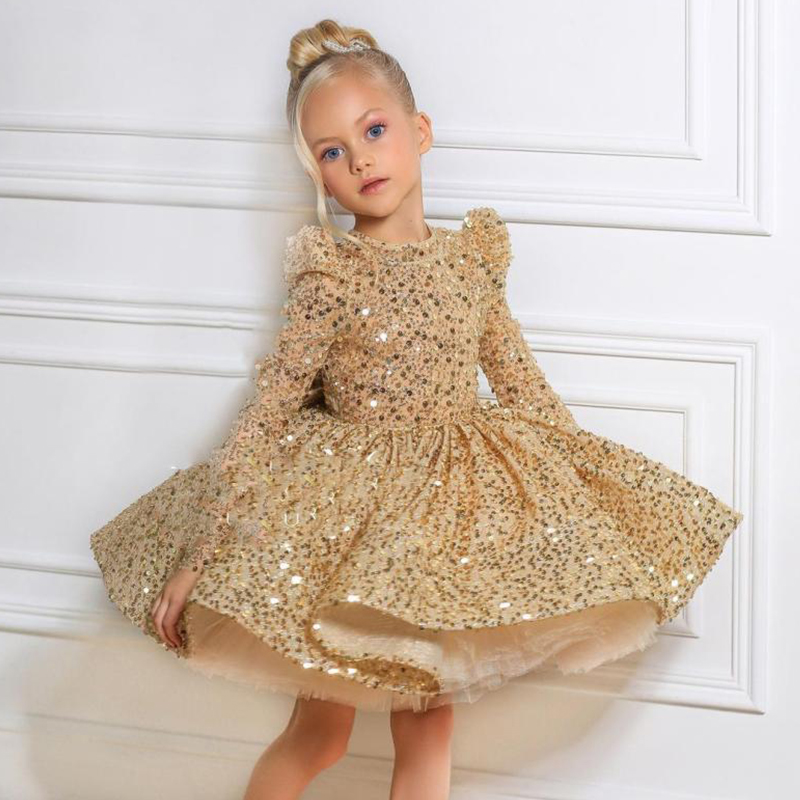 Glitter Bow Long Sleeve Midi Dresses - Champagne - 12-13Y - image 1