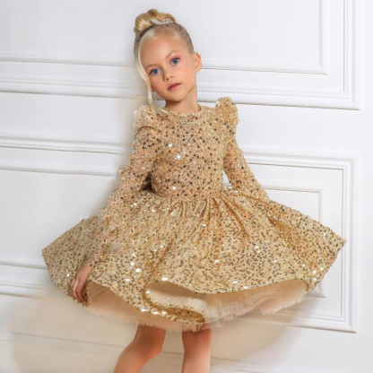 Glitter Bow Long Sleeve Midi Dresses - Champagne - 12-13Y - image 1