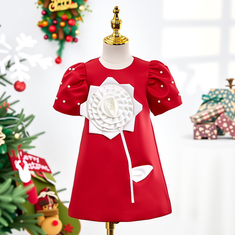 Satin Rosette Short Sleeve Midi Dresses - Red - 7Y - image 2