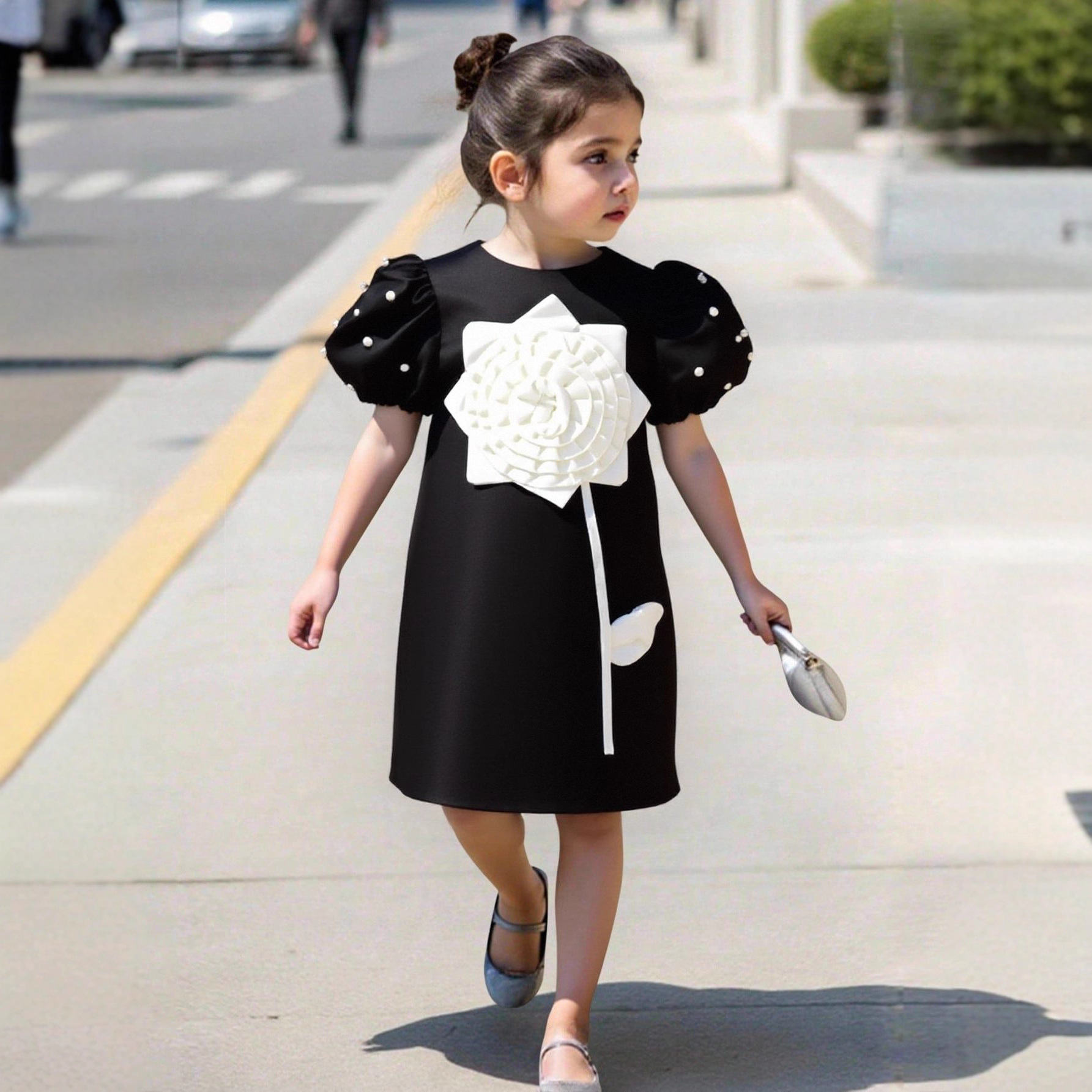 Satin Rosette Short Sleeve Midi Dresses - Black - 7Y - image 10