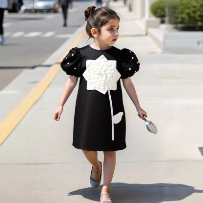 Satin Rosette Short Sleeve Midi Dresses - Black - 7Y - image 10