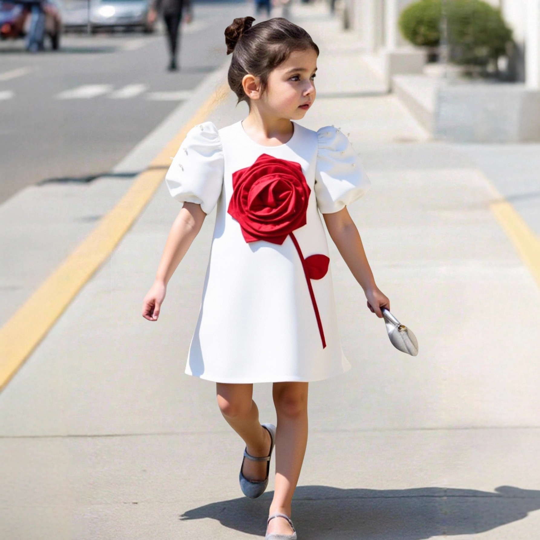 Satin Rosette Short Sleeve Midi Dresses - White - 7Y - image 11