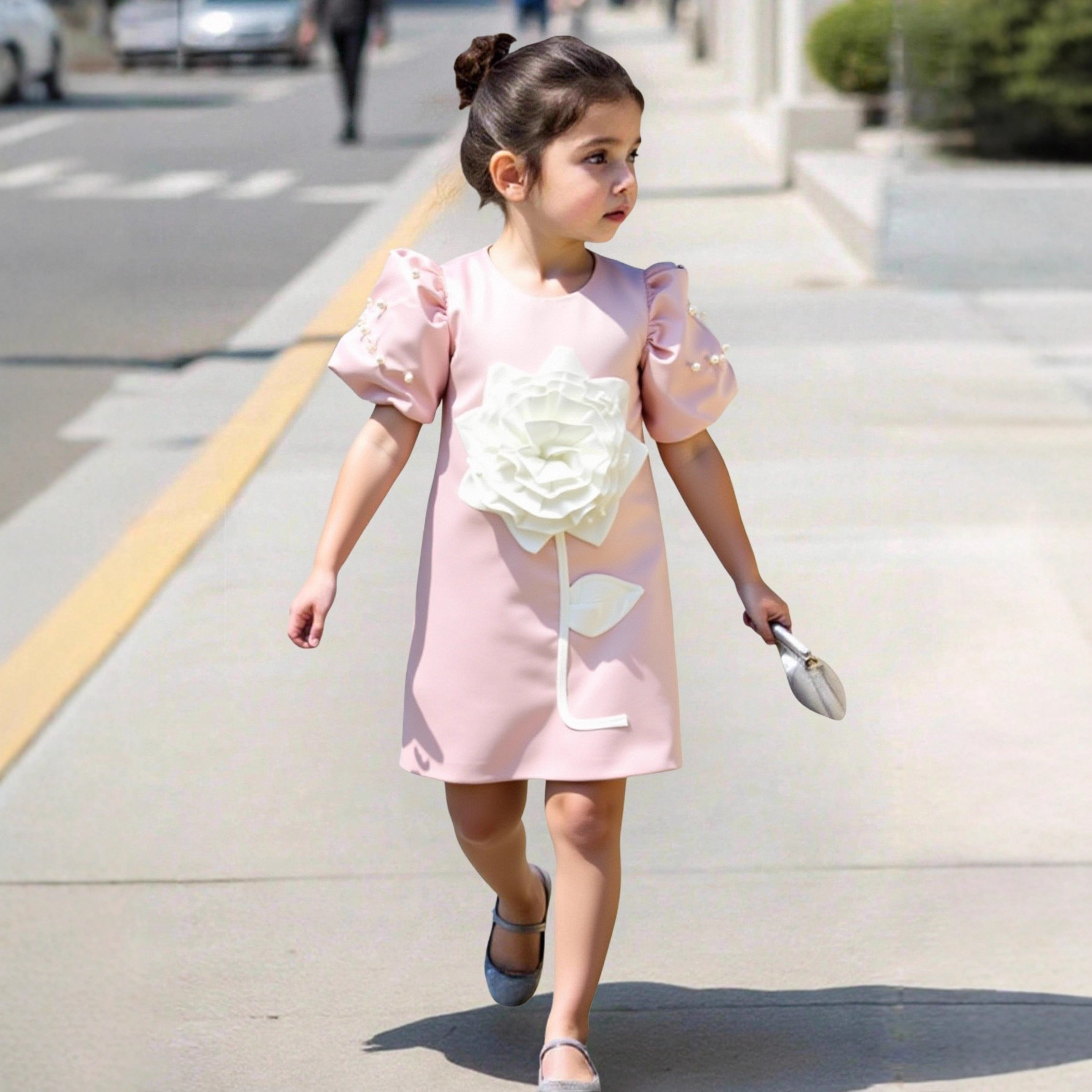 Satin Rosette Short Sleeve Midi Dresses - Pink - 7Y - image 1