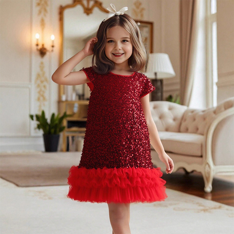 [Archive Sale] Glitter Split Joint Short Sleeve Midi Dresses - Red - 5Y【110cm】 - image 1