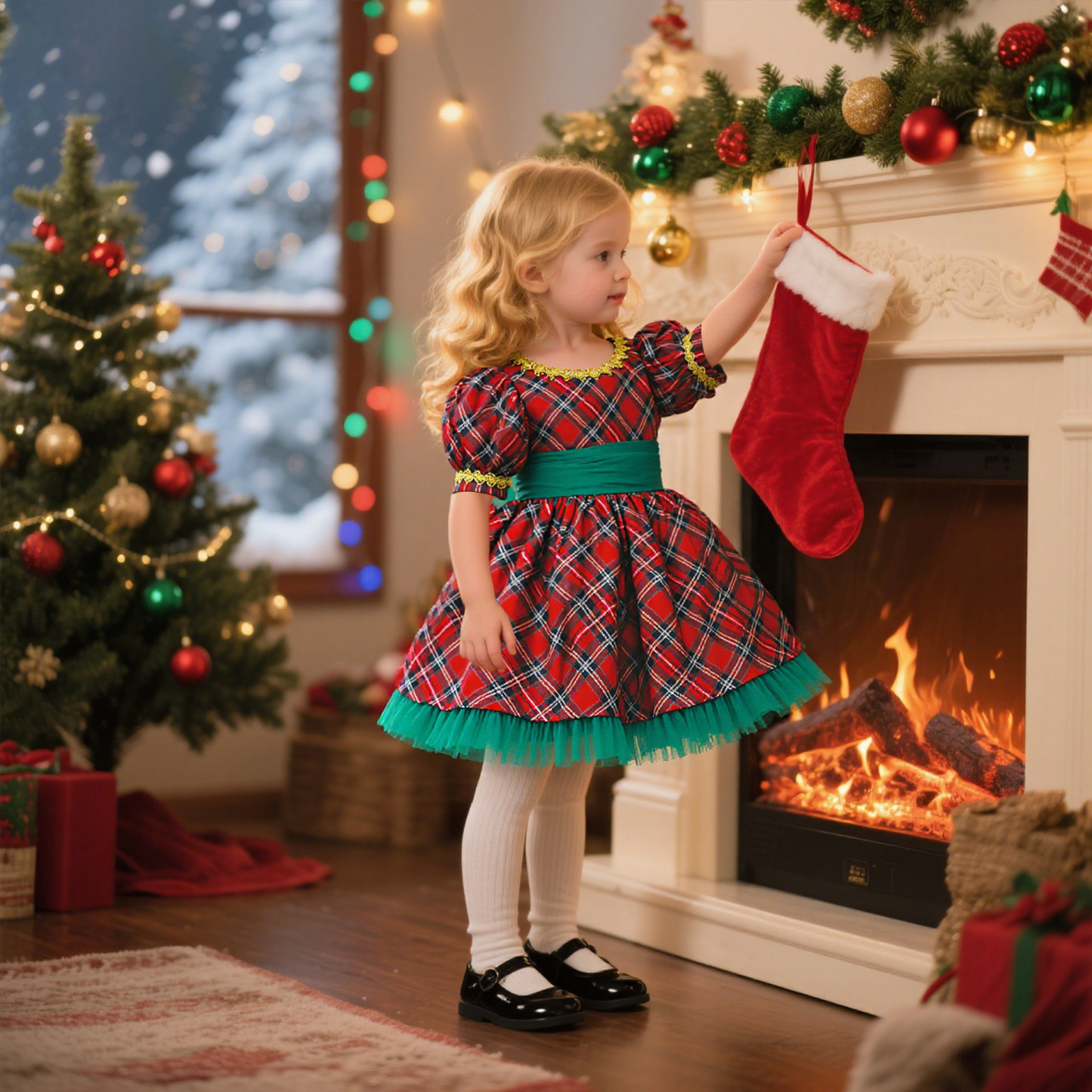 Satin Plaid Bow Short Sleeve Midi Dresses - image 3