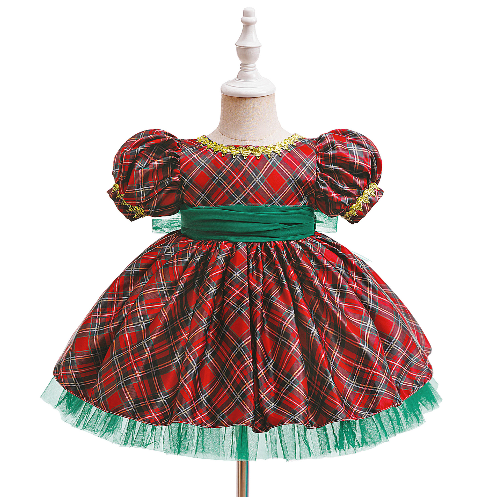 Satin Plaid Bow Short Sleeve Midi Dresses - Red - 2-3Y - image 1