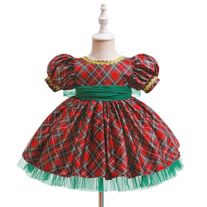Satin Plaid Bow Short Sleeve Midi Dresses - Red - 2-3Y - image 1