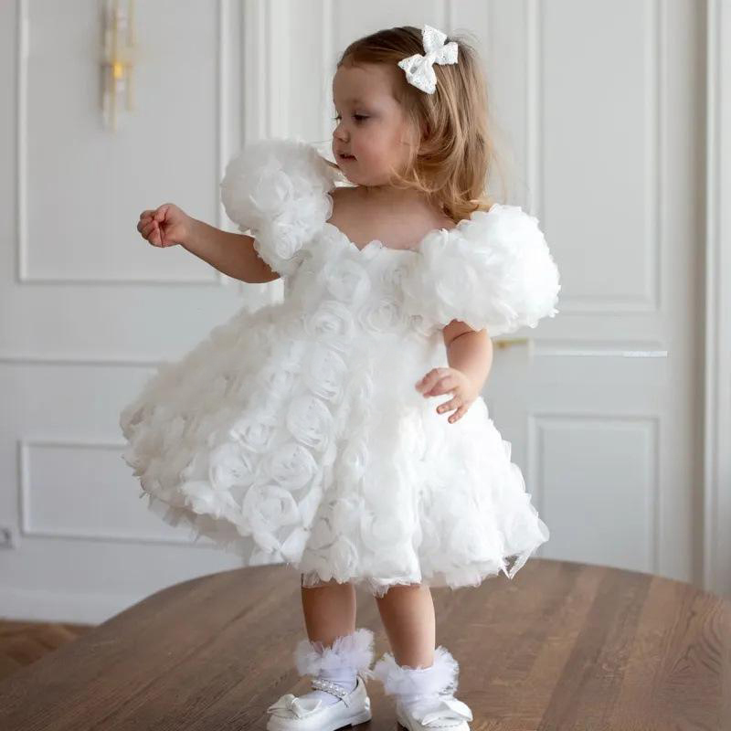 Chemical Fiber Blend Rosette Short Sleeve Midi Dresses - White - 5Y - image 1