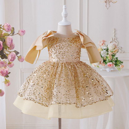 [Archive Sale] Glitter Bow Short Sleeve Midi Dresses - Champagne - 4Y【110cm】 - image 1