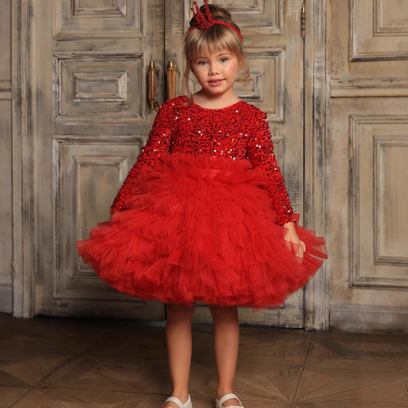 [Archive Sale] Glitter Split Joint Long Sleeve Midi Dresses - Red - 2-3Y【90cm】 - image 1