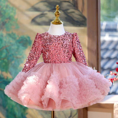 Glitter Split Joint Long Sleeve Midi Dresses - Pink - 9-11Y - image 1