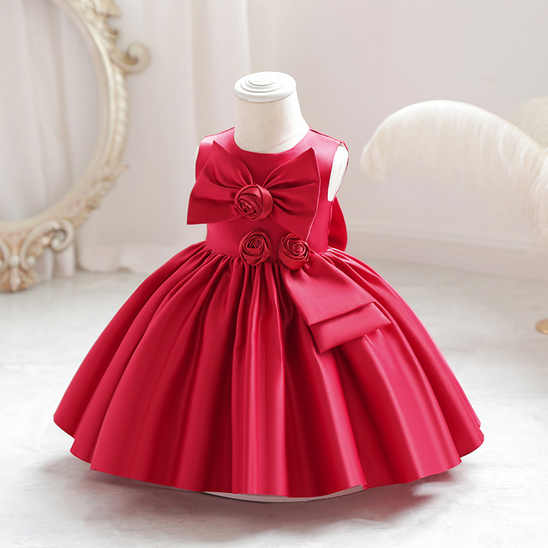 Satin Rosette Sleeveless Midi Dresses - Red - 9-10Y - image 19