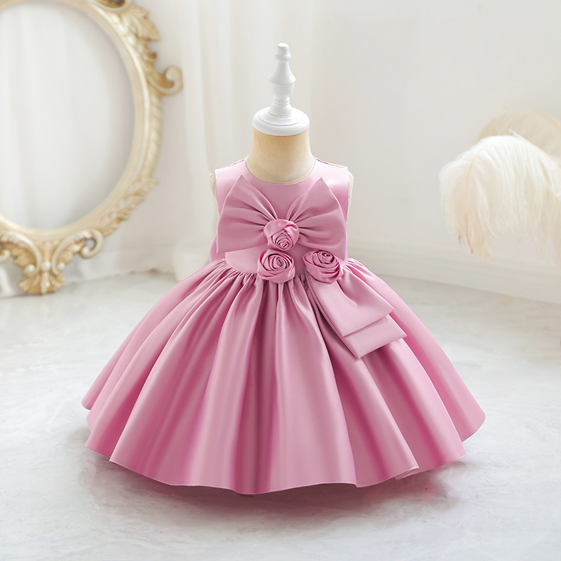 Satin Rosette Sleeveless Midi Dresses - Pink - 9-10Y - image 1