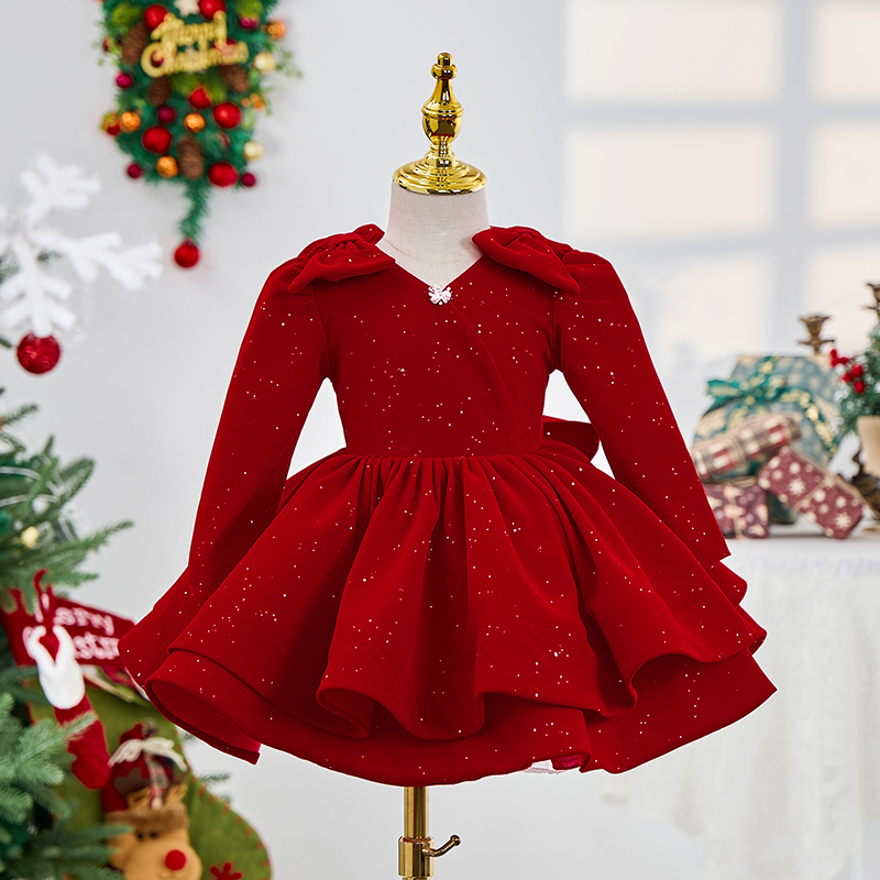 Velvet Bow Long Sleeve Midi Dresses - Red - 11-13Y - image 1