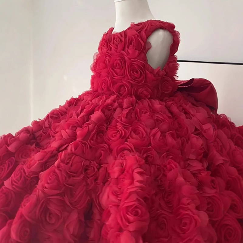 Chemical Fiber Blend Rosette Sleeveless Midi Dresses - Red - 11-13Y - image 1