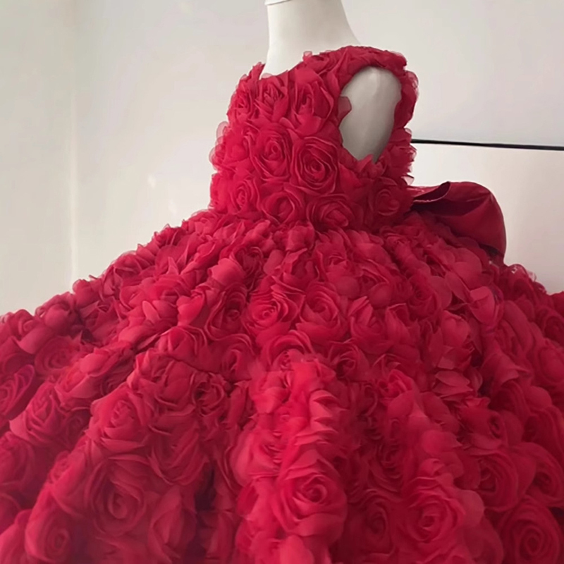 Chemical Fiber Blend Rosette Sleeveless Midi Dresses - Red - 11-13Y - image 1