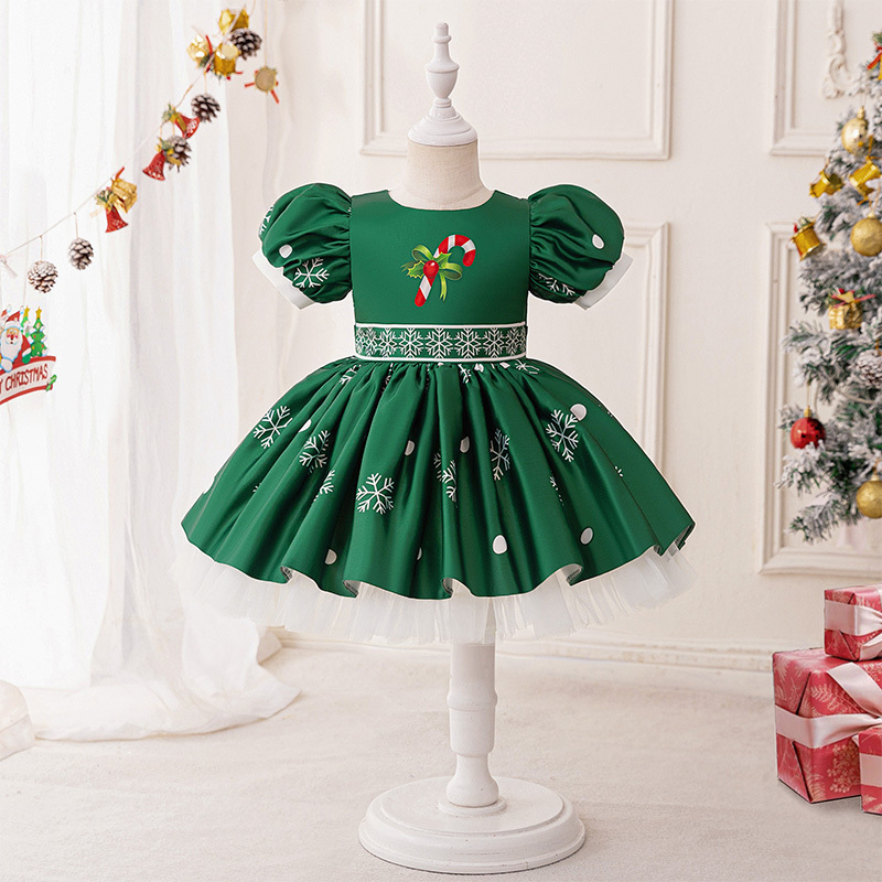 Satin Christmas Printing Bow Short Sleeve Mid-long Dresses - Green - 2-3Y - image 1