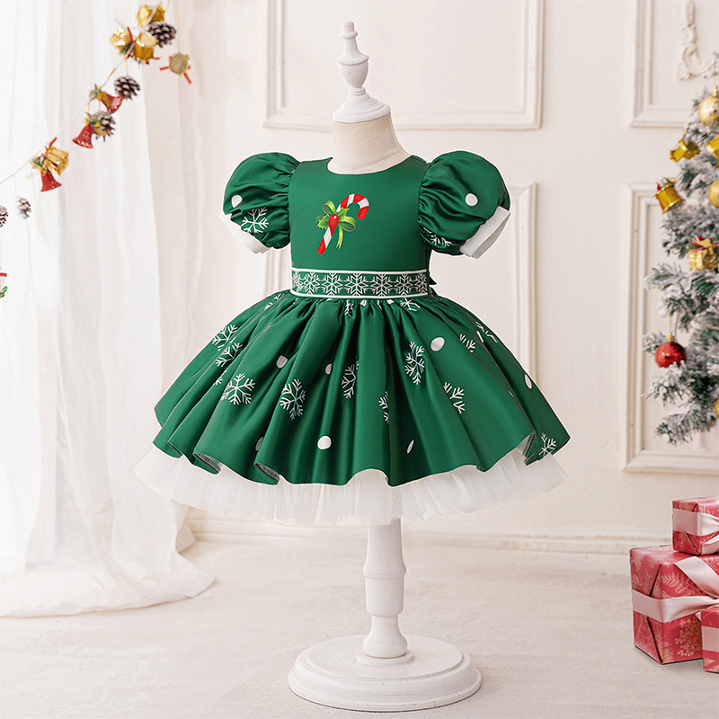 Satin Christmas Printing Bow Short Sleeve Mid-long Dresses - image 2